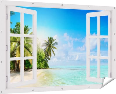 Gards Tuinposter Doorkijk Tropisch Strand bij de Licht Blauwe Zee - 180x120 cm - Tuindoek - Tuindecoratie - Wanddecoratie buiten - Tuinschilderij
