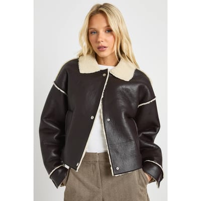 boohoo Dames Borg Gevoerde Gekraagde Aviator | Brown | Maat: 14
