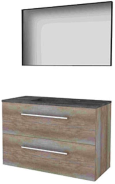 Basic-Line Framed 46 Badkamermeubelset - 100 x 46 cm - Met Grepen - 2 Lades - Hardstenen Wastafel - Zonder Kraangat - Spiegel met Zwart Aluminium Frame - Scotch Oak
