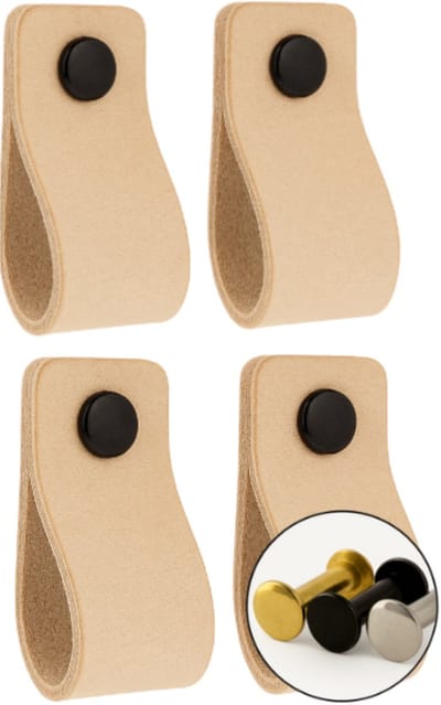 Leren handgrepen - Naturel - 4 stuks - 12,5 x 2,5 cm - incl. 3 kleuren schroeven - Handgrepen leer - Leren meubelgreep - Leren handvaten kast - Leren lus - Handgreep kast leer - Leren greepjes - Handvat leer - Leren deurgreep - Leren handgreep