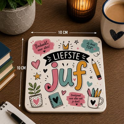 Liefste Juf Onderzetter 10x10 cm – MDF onderzetter met Bloemen – Cadeau voor Juf – Bedankje Einde Schooljaar