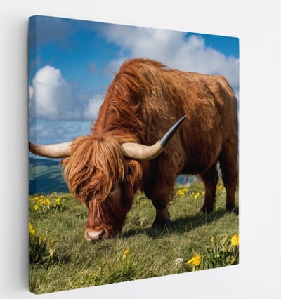 Saammp Canvas Schilderij 2 Schotse Hooglander Koeien in de sneeuw - Dieren - Natuur - 20x20 - Foto op canvas - Wanddecoratie - muurdecoratie Woonkamer - Slaapkamer decoratie - Canvas Print