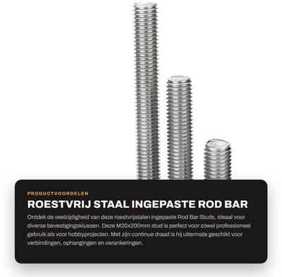 Dailygoods- Rod Bar Studs M20x200mm - Roestvrij Staal - Draadstang - Ingepaste Staaf - Duurzaam - Hoge Kwaliteit
