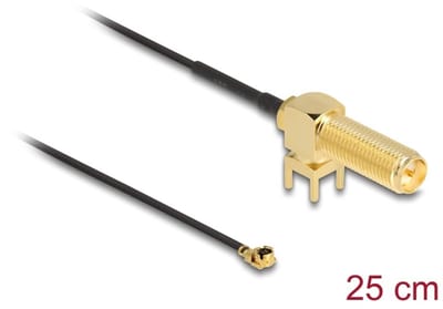 Delock Antenna Cable RP-SMA 90° PCB jack bulkhead to I-PEX Inc., MHF® I plug 1.13 25 cm thread length 15 mm