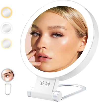 Spiegel - Spiegel met verlichting - Make up spiegel - 10x vergrotende spiegel - Dubbelzijdige verlichte make-upspiegel - Verstelbare helderheid - Oplaadbare, opvouwbare LED-bureauspiegel - Geschikt voor slaapkamer, badkamer en reizen - Wit