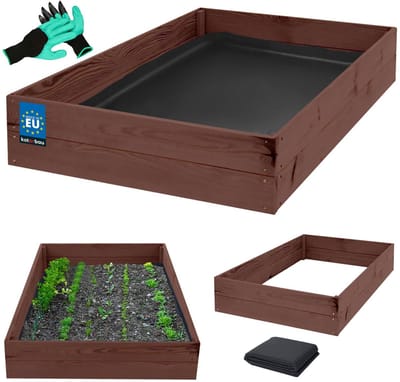 KOTARBAU® Moestuinbak, Verhoogd Tuinbed, Geïmpregneerd Hout, 140 x 120 x 18 cm, Bruin, Plantenbed, met Vlies en Handschoenen met Klauwen, Groentebed, Bloembak Hout Buiten