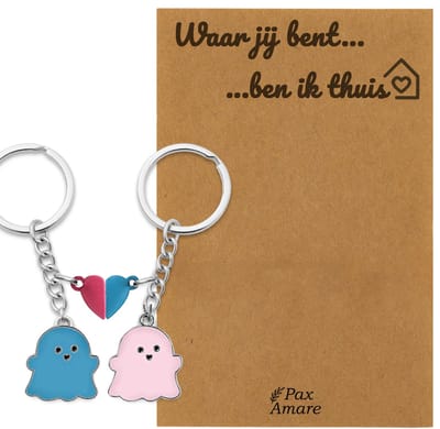 Koppel Sleutelhanger voor 2 'Waar jij bent, ben ik thuis' - Spookjes + Magnetisch Hartje - Sleutelhanger set op Cadeau Kaartje - Zilverkleurig - Persoonlijke Hanger - Pax Amare