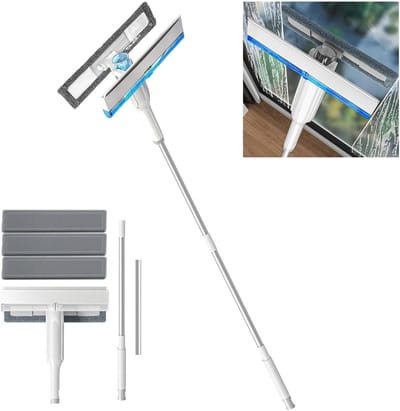 Raamwisser met stang - Ruitenreiniger set - Glazen oppervlakken reinigen - 4-in-1 functie - 132 cm - Grijs