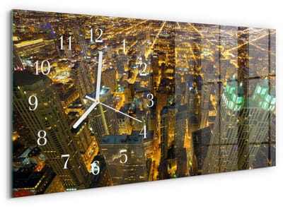 Tulup Wandklok - Stad 's nachts Wandklok Glas Decoratie - 60x30 cm - Geel Gekleurde Glazen Klok - Witte Handen - Rechthoekige Wandklok - Glazen Wandklok Design - Klok Glas Met Opdruk