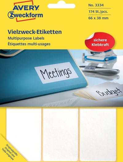 Avery Zweckform 3334 universele etiketten ft 66 x 38 mm (b x h), 174 etiketten, wit 120 stuks