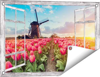 Gards Tuinposter Doorkijk Roze Tulpen Bloemenveld - met Windmolen - 60x40 cm - Tuindoek - Tuindecoratie - Wanddecoratie buiten - Tuinschilderij
