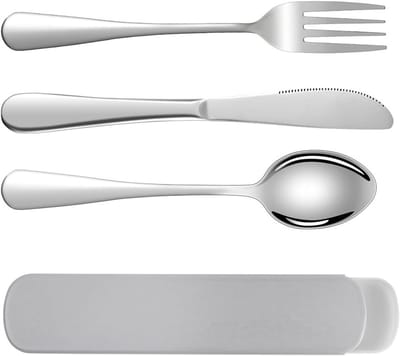 Herbruikbare Camping Bestekset van RVS, 3-delige Set met Plastic Opbergdoos, Ideaal voor Buiten, Picknick en Reizen - Grijs