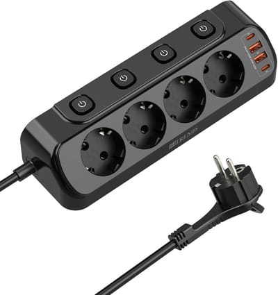SnelShoppen - Tafelstopcontact met USB, 8-in-1 stekkerverdeler, 2 m platte kabel, 4-voudig schakelbaar, 2 USB-C, 2 USB-A, zwart voor bureau, keuken, f
