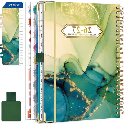 Spiraalvormige A5 Weekplanner 2026/2027 met Penring, Boekenlegger en Stickers voor School en Plannen (Groen)