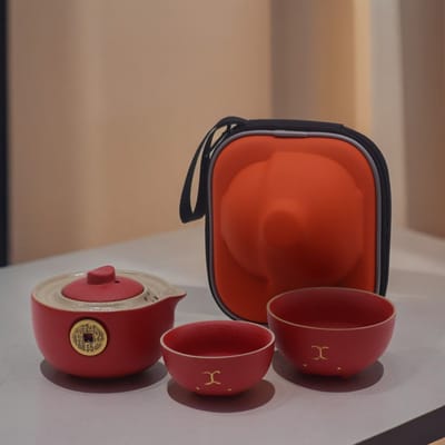 Money Cat Theepotset - Twee Kopjes - Reisverpakking - Rood - cadeau geschenkset vrouwen geschenkset mannen