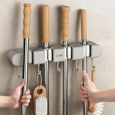 Broom Holder met 4 Clips en 5 Haken - Moppen en Bezemsteunen voor Keuken, Garage en Tuin zonder Boren
