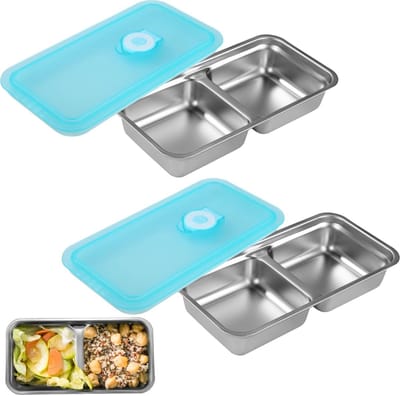 Dailygoods- Snackbakjes Herbruikbaar - 2x Roestvrijstalen Snackbakjes - Lekvrij - Met Deksels - 2 Compartimenten - Ideaal voor Onderweg - Snackcontainer