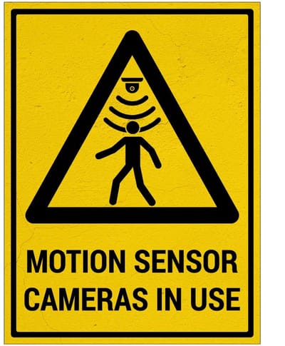 Motion sensor cameras in use bord met tekst | Sign Again materiaal | 20 x 15 cm