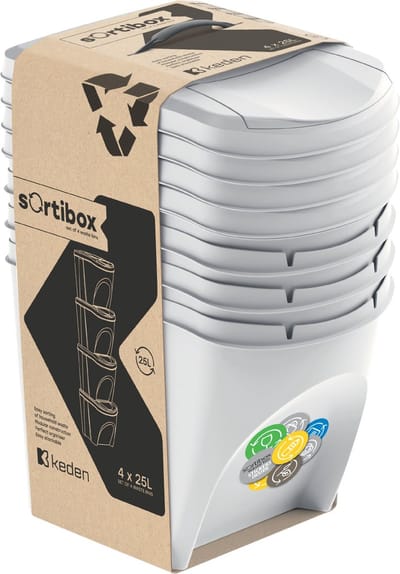 Keden - Sortibox - Set afvalsorteerbakken 4x25L - Prullenbakken - Essengrijs