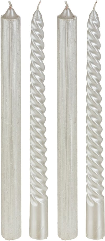 JJA - 4 witte gedraaide kaarsen met glitters, 25 cm