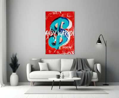 Andy Warhol & Dollar Glasschilderij – 72x46 cm – Iconische Wanddecoratie op Gehard Glas