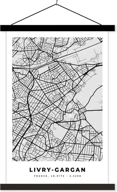 Posterhanger incl. Poster 40x60 cm - Schoolplaat - Stadskaart - Frankrijk - Kaart - Livry-Gargan - Plattegrond - Textielposter - Zwarte latten - Stadskaart