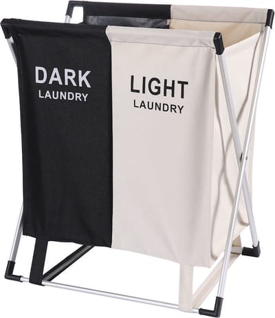 Wassorteerder - 60 L - Wasmand 2 Vakken - Opvouwbare Wasmanden - Wassorteerder 2 vaks - Aluminium Frame - Zwart - Wit