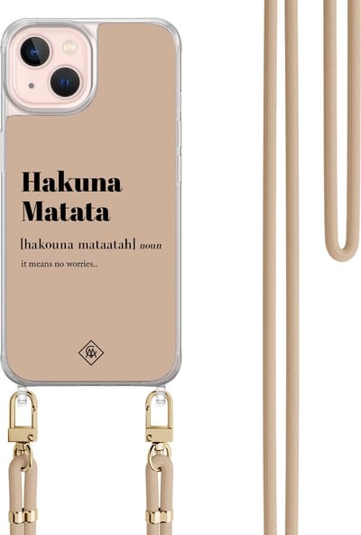 Casimoda® hoesje met beige koord - Geschikt voor iPhone 13 - Hakuna Matata - Afneembaar koord - TPU/acryl - Bruin/beige
