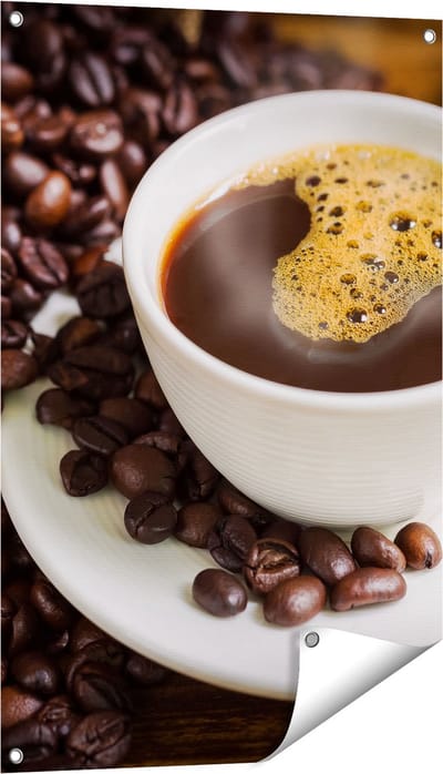 Gards Tuinposter Kopje Koffie met Koffiebonen - 60x90 cm - Tuindoek - Tuindecoratie - Wanddecoratie buiten - Tuinschilderij