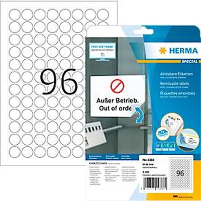 Herma verwijderbare etiketten nr. 4386, rond, Ø 20 mm, zelfklevend, bedrukbaar, papier, wit, 2400 stuks op 25 vellen