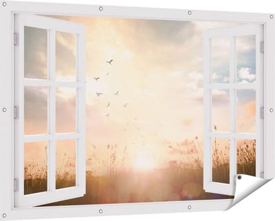 Gards Tuinposter Doorkijk Silhouet Vogels tijdens Zonsopkomst - 150x100 cm - Tuindoek - Tuindecoratie - Wanddecoratie buiten - Tuinschilderij
