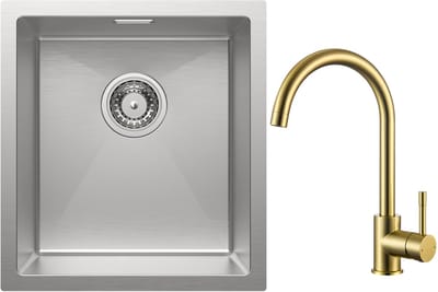 CECIPA max Spoelbak Keuken 40x44CM - Gootsteen RVS - Spoelbakken Keuken Met Goud Keukenkraan - Wasbak Keuken - Enkele Spoelbak - Spoelbakken met afdruip - RVS