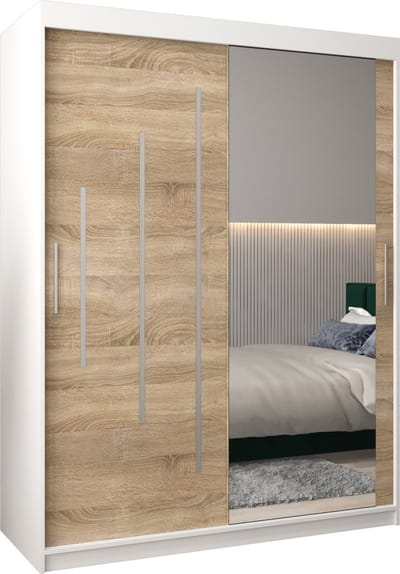 InspireMe - Kledingkast met 2 schuifdeuren, Modern-stijl, Een kledingkast met planken en een spiegel (BxHxD): 150x200x62 - MALTESE II 150 Wit Mat + Sonoma Eik