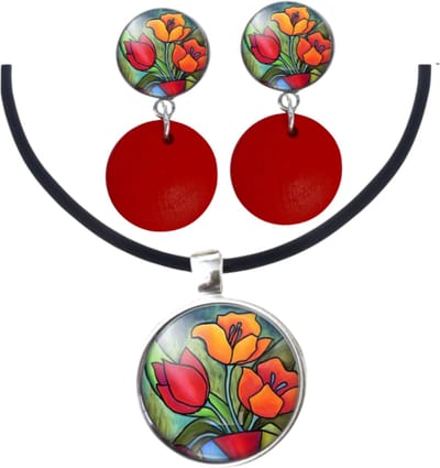 Set Tulp clip oorbellen lang hout en ketting - Charme Bijoux