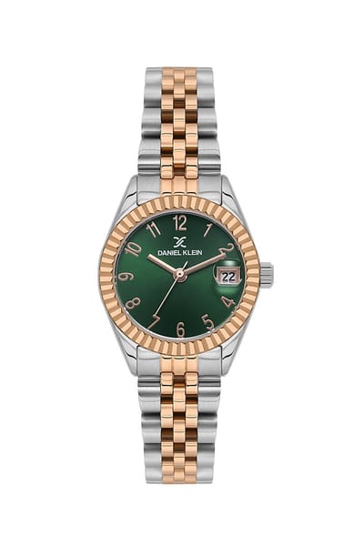 Daniel Klein DK.1.13969-4 - Horloge - Polshorloge - Analoog - Dames - Vrouwen - Rond - Stalen band - Metaal - Cijfers - Datumaanduiding - Zilverkleurig - Rosékleurig - Donkergroen - Wit - Zwart