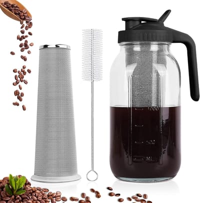 Koude Koffiezetter - 64oz (1,9L) Mason Jar met RVS Filter - Lucht- en Lekdicht Ontwerp - Geschikt voor Iced Coffee en Thee - 1 Stuk