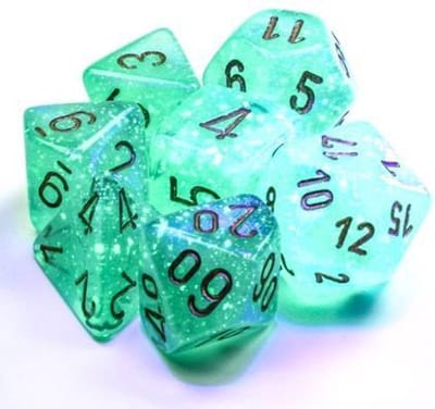 Chessex Borealis Polyhedral Lichtgroen/goud Lichtgevende Dobbelsteen Set (7 stuks)