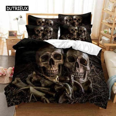 Schedel Dekbedovertrek Set Eenpersoons Maat Microvezel Oranje Vuur Schedel Beddengoed Set Kinderen Jongens 3D Schedel Design Zacht Comfortabel Dekbedovertrek 70x133cm 2pcs