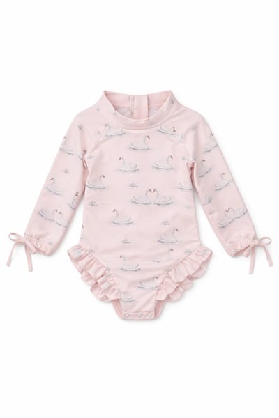 Supercute UV Badpak Meisjes - Soft Cream – Peuter Zwempak Lange Mouw – Zwaan Print – 6 t/m 12 maanden