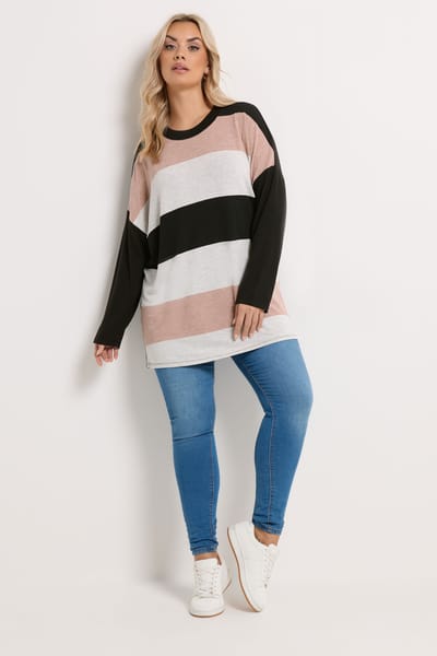 Yours Zwarte Top Met Dikke Gestreepte Lange Mouwen Size 44