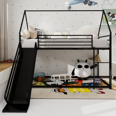 Pugsdrly Twin over Twin stapelbed met glijbaan voor kinderkamer, bedframe in de vorm van een huis met ladder, geen lattenbodem nodig en eenvoudig te monteren
