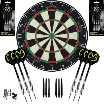 Dragon Darts Classic 180 Dartbord - met 6 Michael van Gerwen Dartpijlen en Accessoires - Nickel - Dart Flights - Dart Shafts