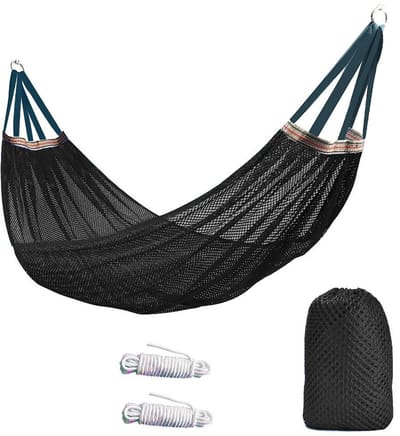 Hangmat - Buitenhangmat - Campinghangmat - 260x130cm - Met touw - Met opbergtas - Comfortabel en ademend - Geschikt voor kamperen, wandelen, strandvakanties en ontspanning in de achtertuin - Zwart