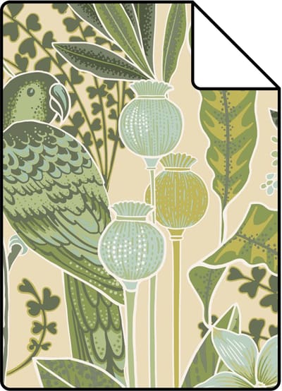Proefstaal ESTAhome behang tropische bloemen en paradijsvogels vergrijsd groen - 26.5 x 21 cm - 131157-S