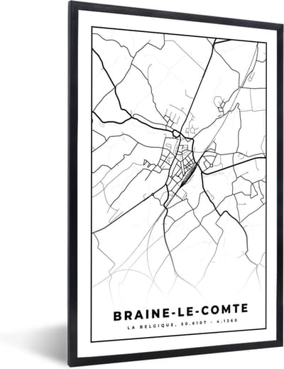 Fotolijst incl. Poster Zwart Wit- Stadskaart – Plattegrond – België – Zwart Wit – Braine le Comte – Kaart - 40x60 cm - Posterlijst