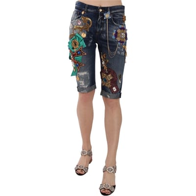 Dolce & Gabbana Dames Blauwe Denim Mid Waist Kristallen Capri Shorts