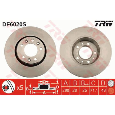 Remschijf TRW DF6020S voorkant, geventileerd, 1 Stuk