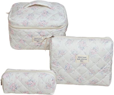Set van 3 Make-up Tasjes Gewatteerd Bloemen Katoen – Grote Capaciteit Esthetische Cosmetische Tas & Toilettas voor Vrouwen – Reistas Organizer met Ritssluiting -Roze roos, 3-delige set [Groot + Medium + Klein]