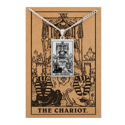 Tarot Ketting VII: De Zegewagen / The Chariot - Inclusief Rider-Waite Kaart - Zilverkleurig Stainless Steel - 60cm - Pax Amare