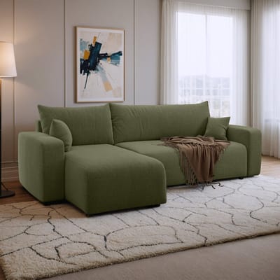 Hoekbank met opbergruimte Romee - Universeel - Teddy stof - Groen - Slaapbank met opbergruimte - Lounge Links of Rechts - Direct Leverbaar - Hoekzetel - Chaise longue - Zetel met slaapgedeelte - 3 zits - Zitcomfort Medium